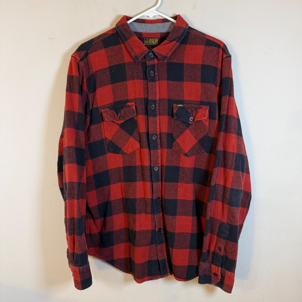 Loser Machine Co Mens Large Red Black Buffalo Plaid Cotton Flannel Button Shirt